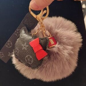 Upcycled LV Gray Pom Pom Fur Rhinestone Lock Kitty Cat Keychain Bag Charm